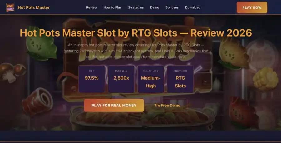 HotPotSlot.com homepage screenshot showing Hot Pots Master facts HotPotSlot.com homepage screenshot showing Hot Pots Master facts
